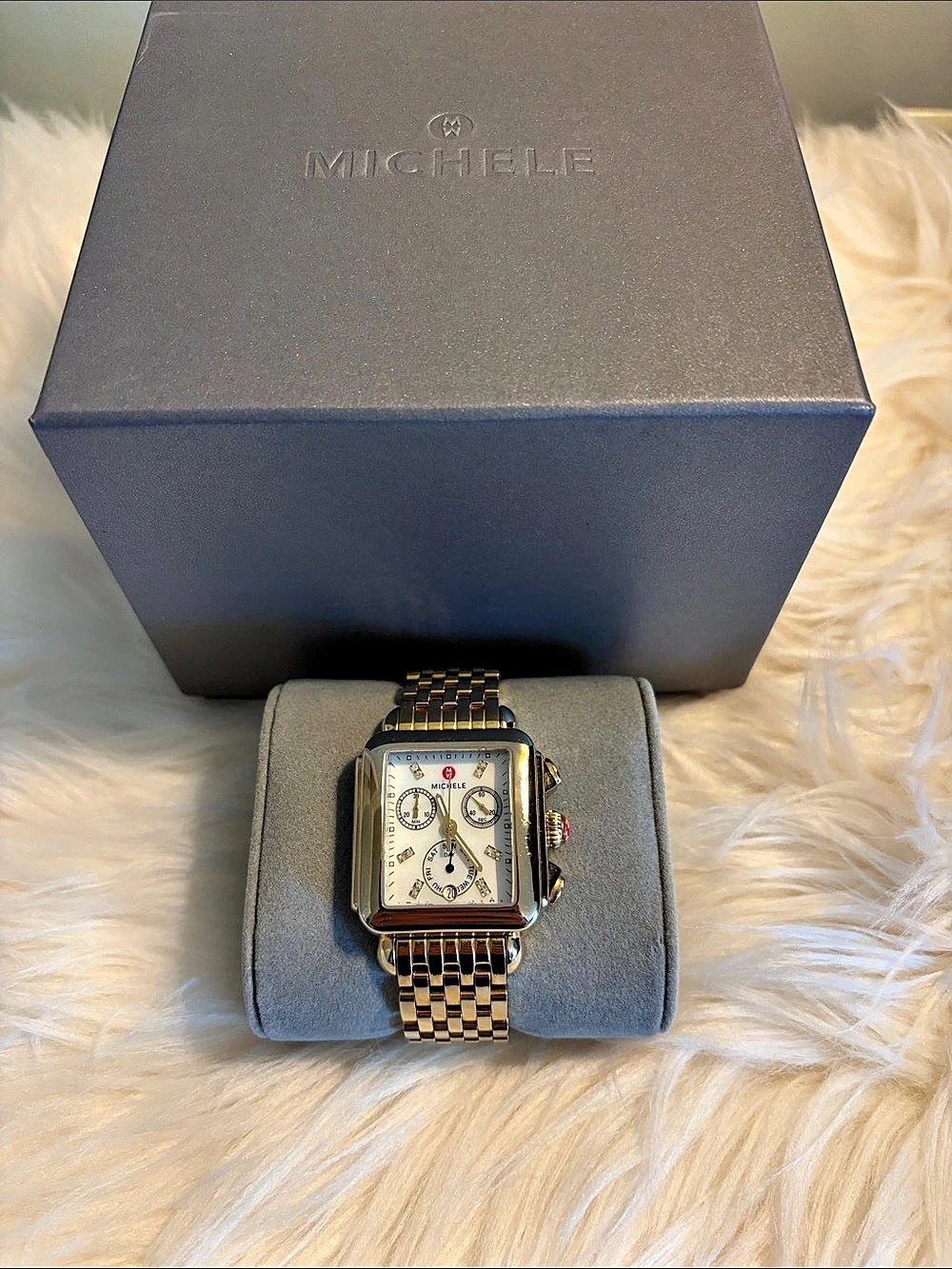 Michele Deco Gold Chronograph Watch with Diamond Hour Markers